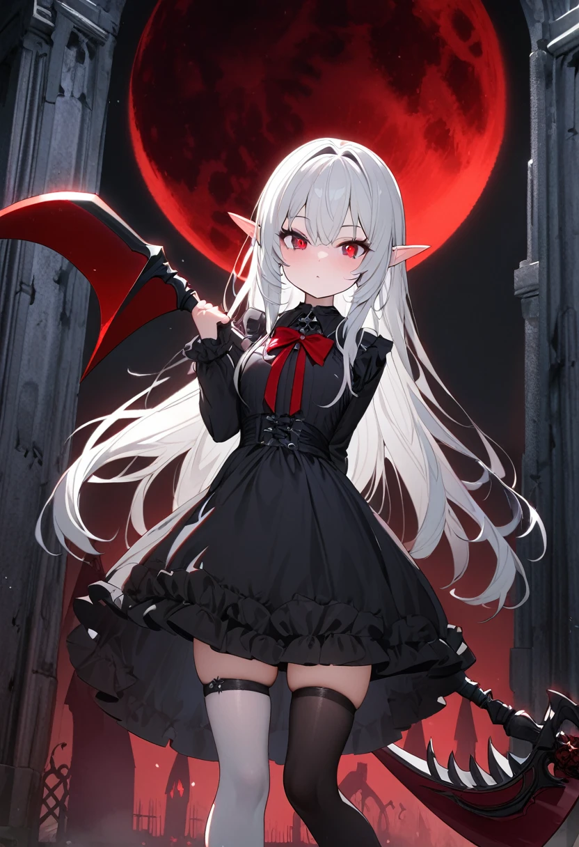 1 Girl Elf, vampire, young, black gothic dress, red right stocking, black left stocking, red eyes, white hair with bow, scythe, against the backdrop of the red moon, abandoned gothic church, night, looking at viewer, cute pose, 8k, masterpiece, high res, ultrasharp