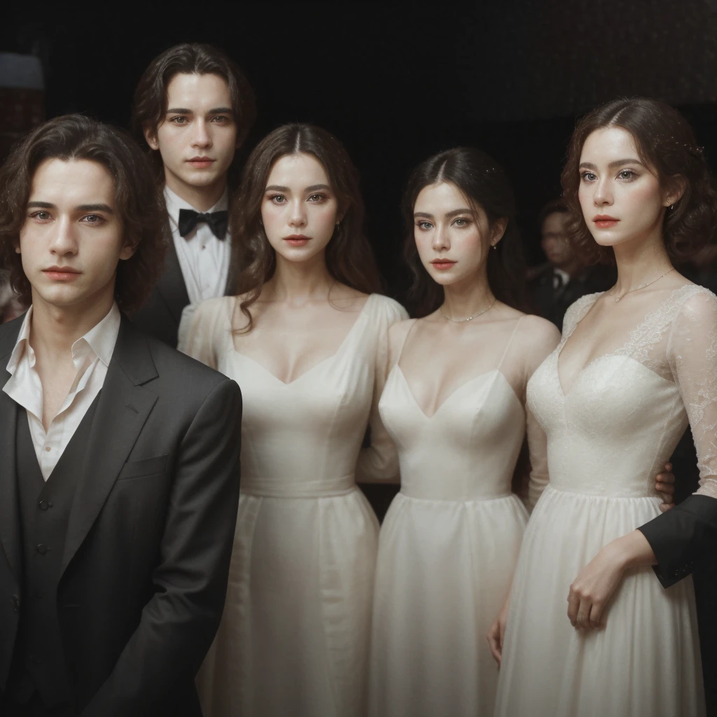 Three men and three women are standing on the opera stage, the three men are wearing black suits and the three women are wearing elegant long white dresses, close up, realistic photo