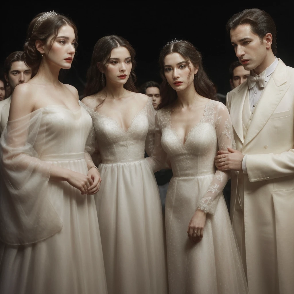 Three men and three women are standing on the opera stage, the three men are wearing black suits and the three women are wearing elegant long white dresses, close up, realistic photo