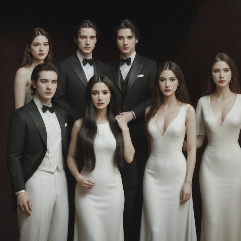 Three men and three women are standing on the opera stage, the three men are wearing black suits and the three women are wearing elegant long white dresses, close up, realistic photo