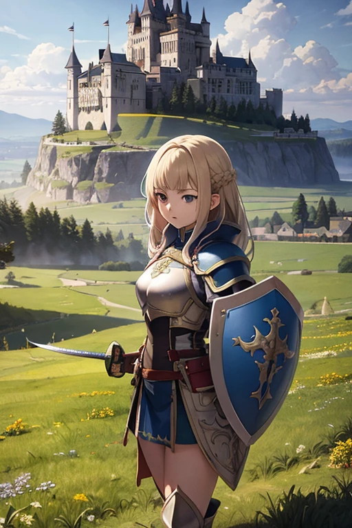 anime girl in golden armor with a sword and shield who is 20 years old in a medieval landscape with the shield raised and a castle in the distance