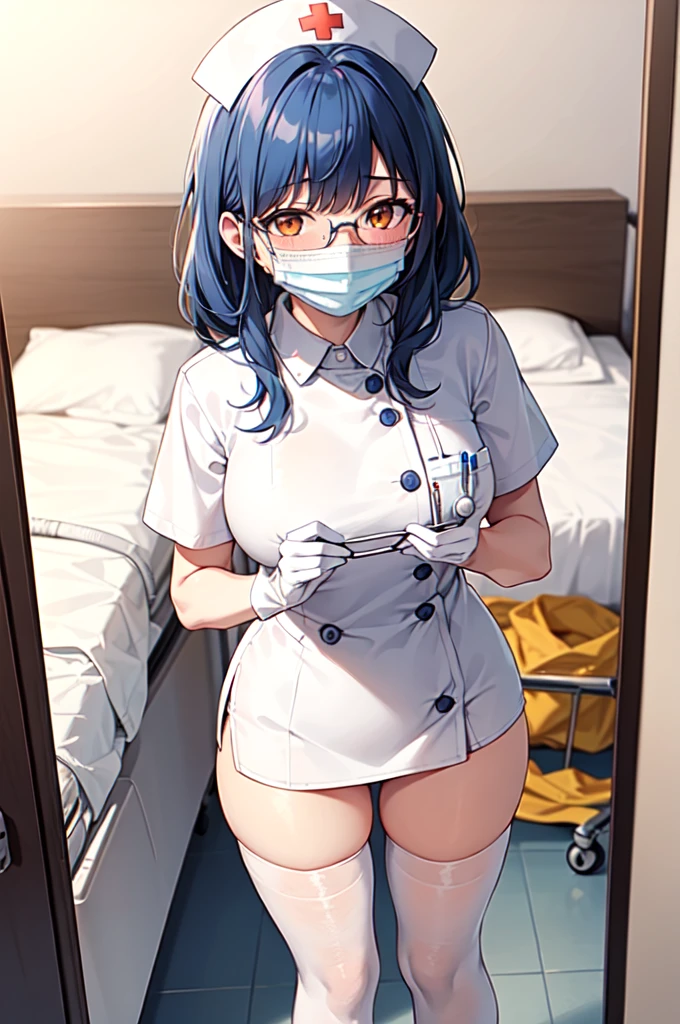 1girl, solo, nurse, nurse cap, white nurse uniform, ((white legwear, zettai ryouiki)), white gloves, glasses, blue hair, orange eyes, ((white surgical mask, covered nose)), standing, ((hospital room)), sharp outline, short sleeves, best quality, masterpiece