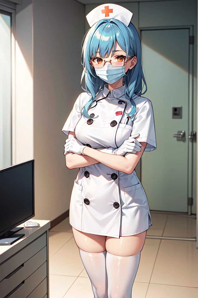 1girl, solo, nurse, nurse cap, white nurse uniform, ((white legwear, zettai ryouiki)), white gloves, glasses, blue hair, orange eyes, ((white surgical mask, covered nose)), standing, ((hospital room)), sharp outline, short sleeves, best quality, masterpiece