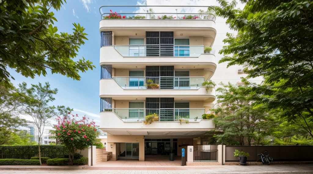 exterior of highrise apartment building, orirange, contemporary style, balconies, plants and flowers on balconies, vivid colour, beautiful landscape, stone pavement,cars, realistic, RAW photo, 8k uhd, dslr, soft lighting, high quality, film grain, Fujifilm XT3,masterpiece,