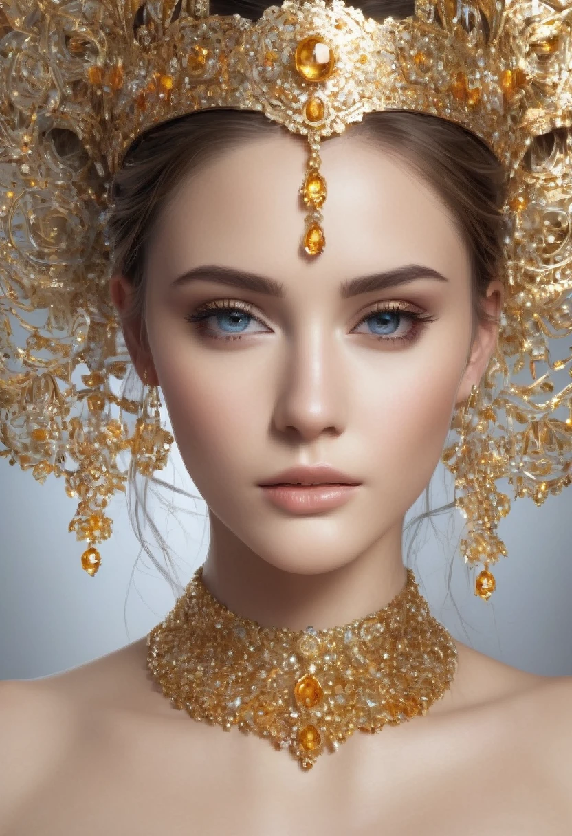 the face of a beauty girl dressed in goddess attire, in the style of light gray and light gold, vibrant illustrations, intricately sculpted, realistic hyper-detailed portraits, white and amber, queencore, depicts real life --ar 3:5 --v 6.0