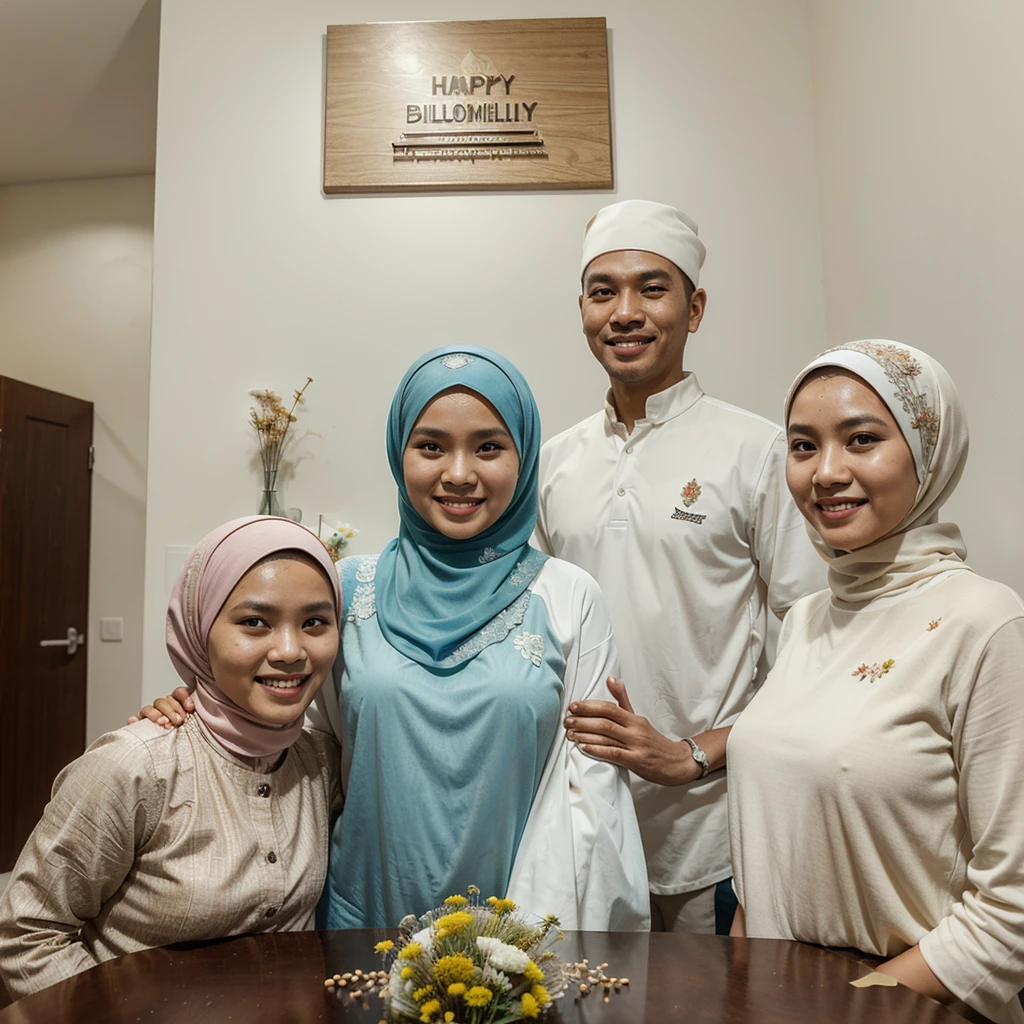 photo of a young Indonesian family made of acrylic plaque, father and mother, mother wearing hijab and 1 , smiling, acrylic's shape following the curve of the body, located on a white table decorated with dried flowers beside it, bright lighting, separately on the top wall there is a neon sign "Happy Family" , ultrarealistic, HD