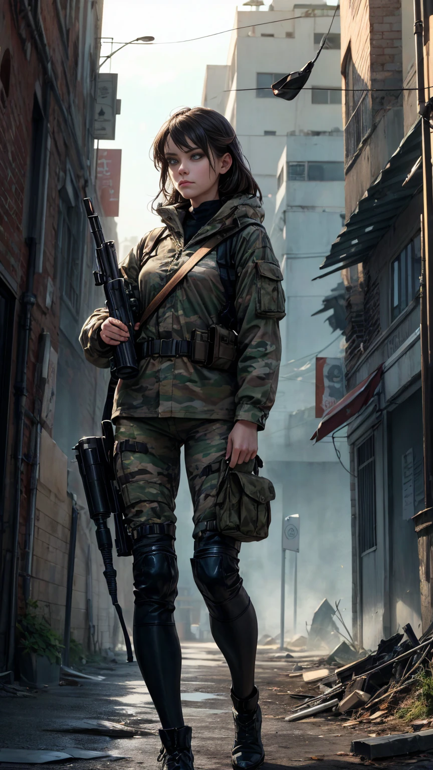apostada en una azotea a punto de disparar, A beautiful female sniper in a war-torn urban environment, detailed face and eyes, realistic, photorealistic, photo-realistic, hyperrealistic, highly detailed, masterpiece, ultra-realistic, 8k, HDR, dramatic lighting, dramatic atmosphere, cinematic, moody, gritty, military, tactical gear, camouflage, rifle, ruined buildings, rubble, smoke, mist, dramatic sky, storm clouds