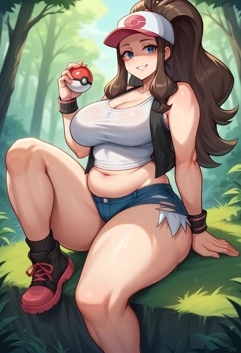 ((The best quality, Highly detailed, Masterpiece)) legs showing, 4k, 1girl, pokemon hilda, def1, curvy, plump thighs, visible thighs, thighs thighs, thick thighs, detailed eyes, sitting on his legs, SMILE, In a forest, intense colours, looking to the camera