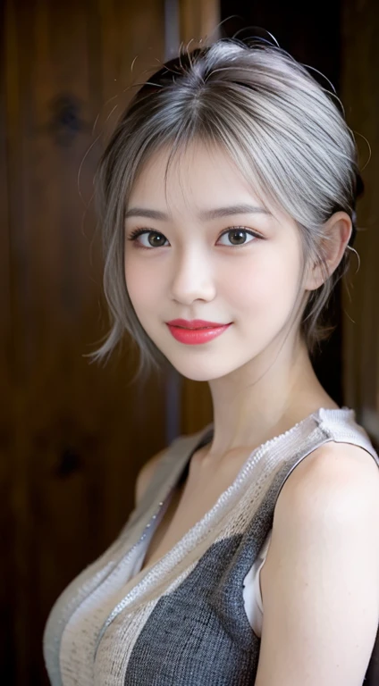 blush a little and smile, (Top quality masterpiece:1.2) Delicate illustrations, Very detailed, /Beautiful Japanese Women、1 person,Very cute and slim、Great style 、((8k images、super high quality))、Very delicate face, Skin and Hair、Big Breasts、beautifule forehead、Red lipstick、(((((short hair、Silver Hair、lure))))),Very cute Japanese cut face、Eyes and nose are clearly visible、Kind eyes,((((Black sleeveless fashion))))
