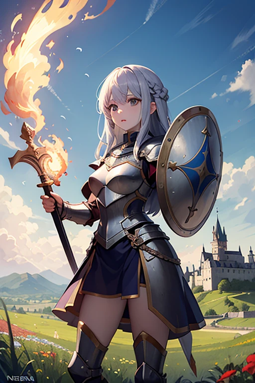 anime girl in golden armor with a sword and shield who is 20 years old in a medieval landscape with the shield raised and a castle in the distance