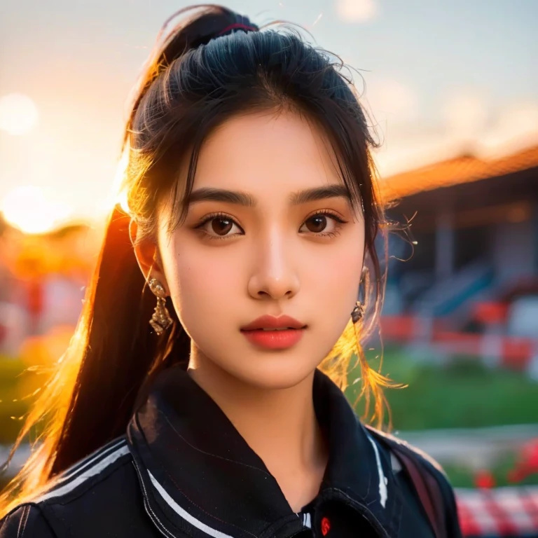 A young woman, Aarav, wears a plaid shirt and stands in front of the house., Portrait in the middle of a shot, Portrait 8 k, instagram post, Southeast Asians with round faces, long hair, ponytail, Photos in Portrait mode, Medium-term portrait, Shot with Sony Alpha, soft Portrait 8 k, Portrait photography, home photography, Shot with Canon EOS R5, Shot with Canon EOS R5, Headshot profile picture