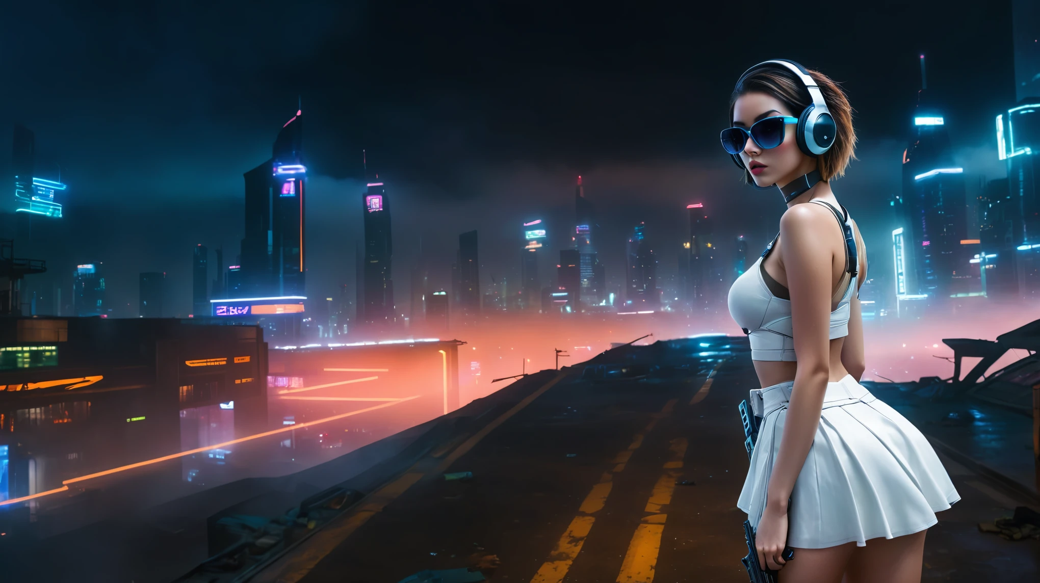 dark futuristic landscape, at night, neon lights, Atmospheric fog, large buildings in the background, futuristic city, streets with open shops, skyscraper (postapocalyptic city:1.3). (((1girl, solo, alone))), large-breast:1.2 slim body, cleavage:1.1, sexy miniskirt, (((headphone, black sunglasses, standing and holding pistol pose))), (((half-body thigh level medium shot))), cinematic lighting, lens flare, ray tracing.