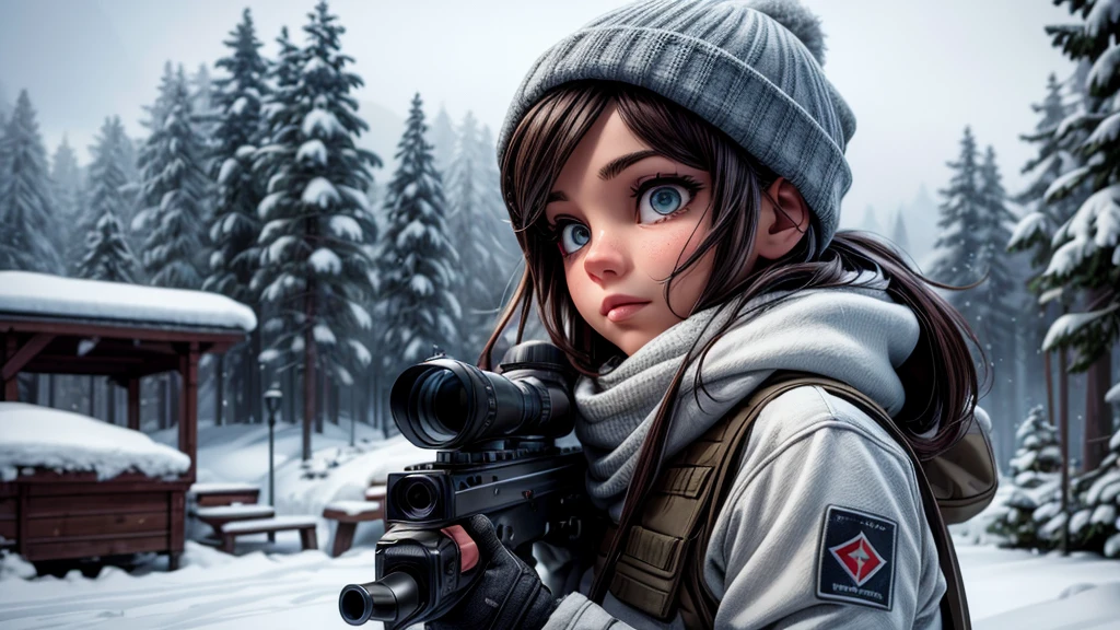 beautiful sniper woman, snow covered environment, highly detailed modern sniper rifle, snowy landscape, (best quality,4k,8k,highres,masterpiece:1.2),ultra-detailed,(realistic,photorealistic,photo-realistic:1.37),hyperrealistic, dramatic lighting, cinematic composition, moody atmosphere, cold tones, winter scene, strategic positioning, camouflage, tactical gear, observing target, focused expression, calm demeanor