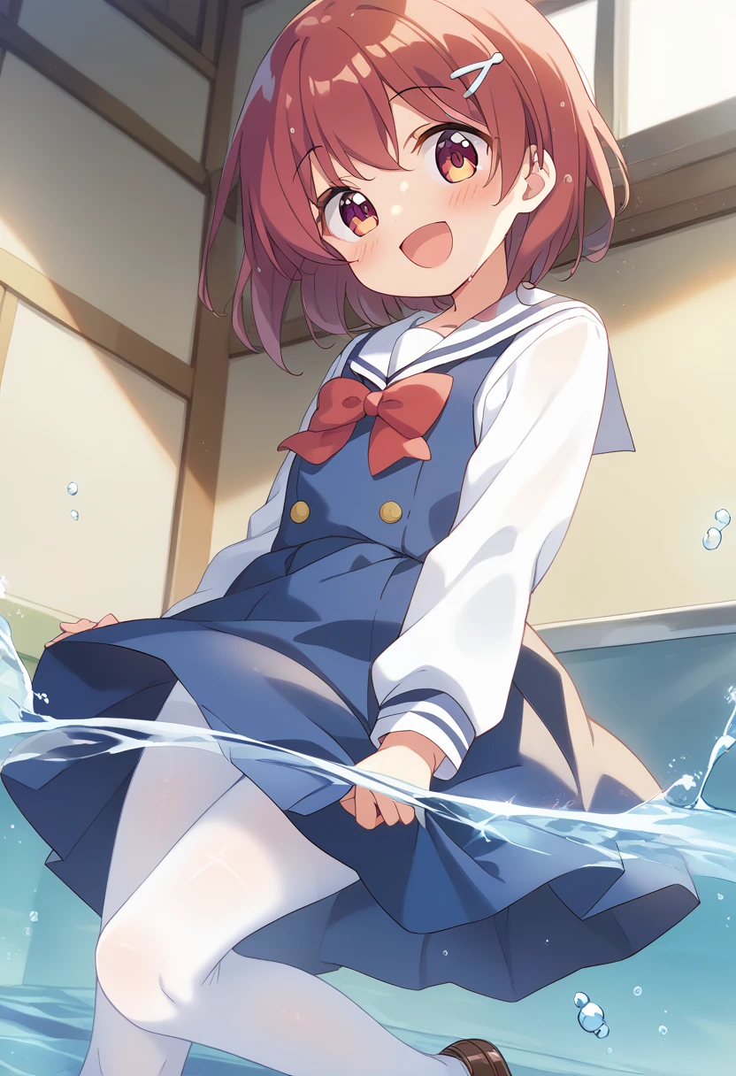 score_9, score_8_up, score_7_up, source_アニメ, masterpiece, 1girl, watahana, , blue dress, sailor dress, pinafore dress, white sailor collar,white shirt, red bowtie, long sleeves, flat chest, white pantyhose, loafers, White socks、cowboy shot, looking at viewer, indoors, open mouth, shiny hair, smile, Open your mouth, cuteポーズ, (Completely flooded)、Immersed in water、Transparent pool, Water Play, Primary school students、Skirt fully open、Long wide skirt、cute、blush、Watery eye、Lots of water、Wet、((The skirt spreads over the water surface.))、(Drowning)、