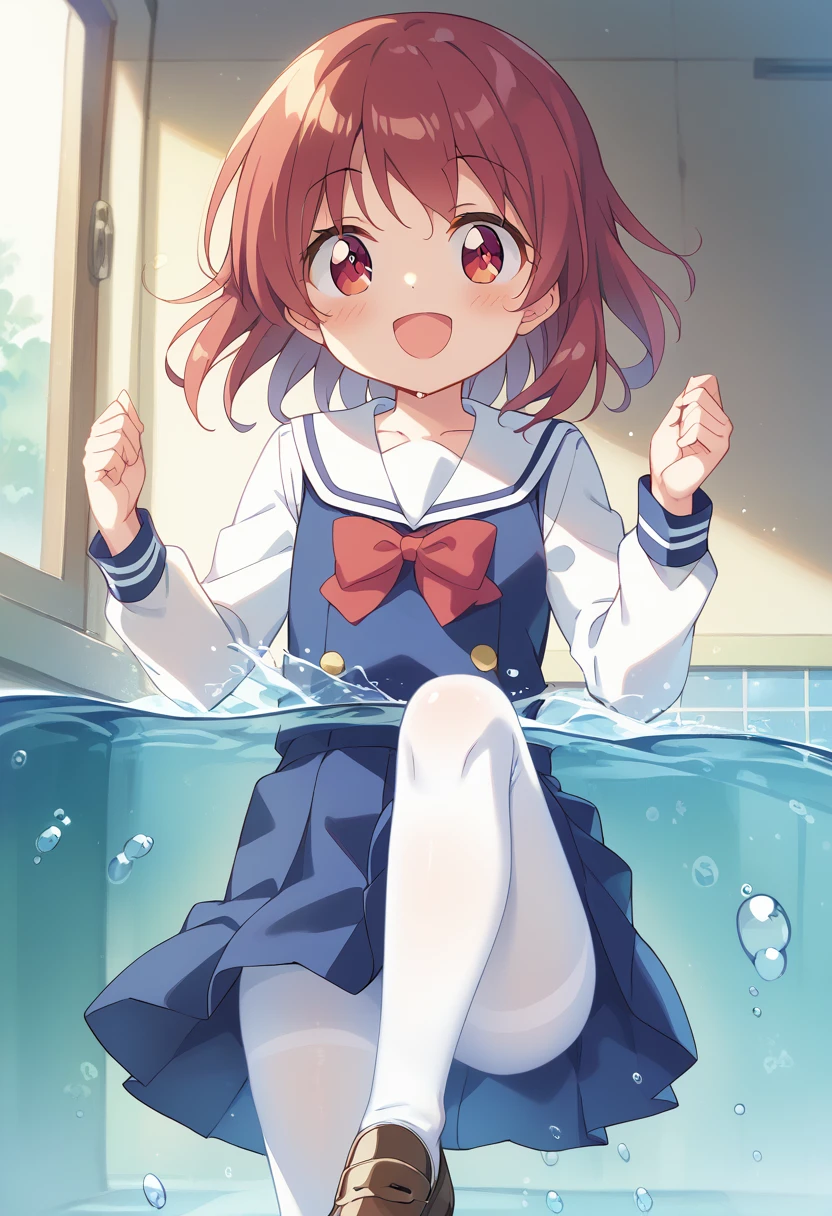 score_9, score_8_up, score_7_up, source_アニメ, masterpiece, 1girl, watahana, , blue dress, sailor dress, pinafore dress, white sailor collar,white shirt, red bowtie, long sleeves, flat chest, white pantyhose, loafers, White socks、cowboy shot, looking at viewer, indoors, open mouth, shiny hair, smile, Open your mouth, cuteポーズ, (Completely flooded)、Immersed in water、Transparent pool, Water Play, Primary school students、Skirt fully open、Long wide skirt、cute、blush、Watery eye、Lots of water、Wet、((The skirt spreads over the water surface.))、(Drowning)、