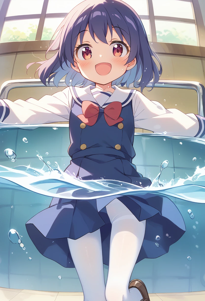 score_9, score_8_up, score_7_up, source_アニメ, masterpiece, 1girl, watahana, , blue dress, sailor dress, pinafore dress, white sailor collar,white shirt, red bowtie, long sleeves, flat chest, white pantyhose, loafers, White socks、cowboy shot, looking at viewer, indoors, open mouth, shiny hair, smile, Open your mouth, cuteポーズ, (Completely flooded)、Immersed in water、Transparent pool, Water Play, Primary school students、Skirt fully open、Long wide skirt、cute、blush、Watery eye、Lots of water、Wet、((The skirt spreads over the water surface.))、(Drowning)、