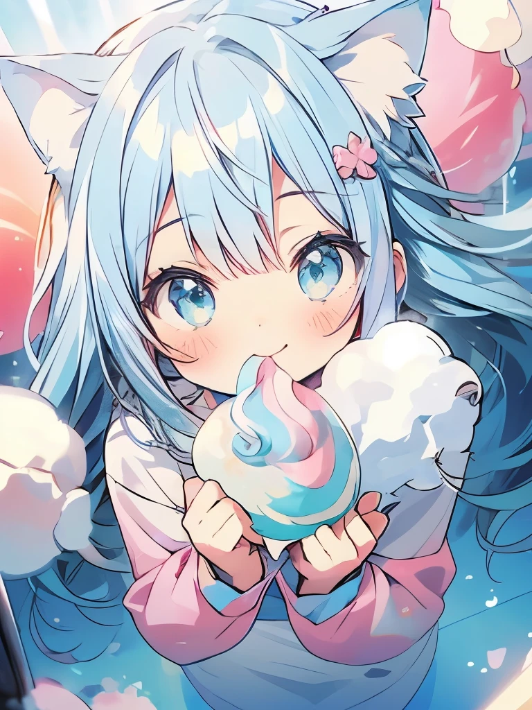 masterpiece、girl、Light blue hair、Long Hair、Sparkling eyes、Cat ear、smile、bright、(((Eat cotton candy)))、((Composition from above))