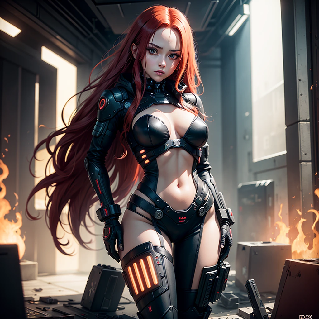 "Fantastic cyberpunk post-apocalyptic style. Beautiful cyborg girl with long red hair, dressed in a black android suit with a cleavage and small red details, stands vertically in front of the camera. The camera films her from below. She stands over the camera in a dominant face sitting pose, she is ready to sit on her face with her pussy. Her hands are behind her back. She looks into the lens with a playful, with a slightly flirtatious look and a slight smile. Her thighs are exposed. Dark background with red flashes and lights, creating an atmosphere of slight sadness. The image horizon is flat. Primary colors - black and red." sci fi