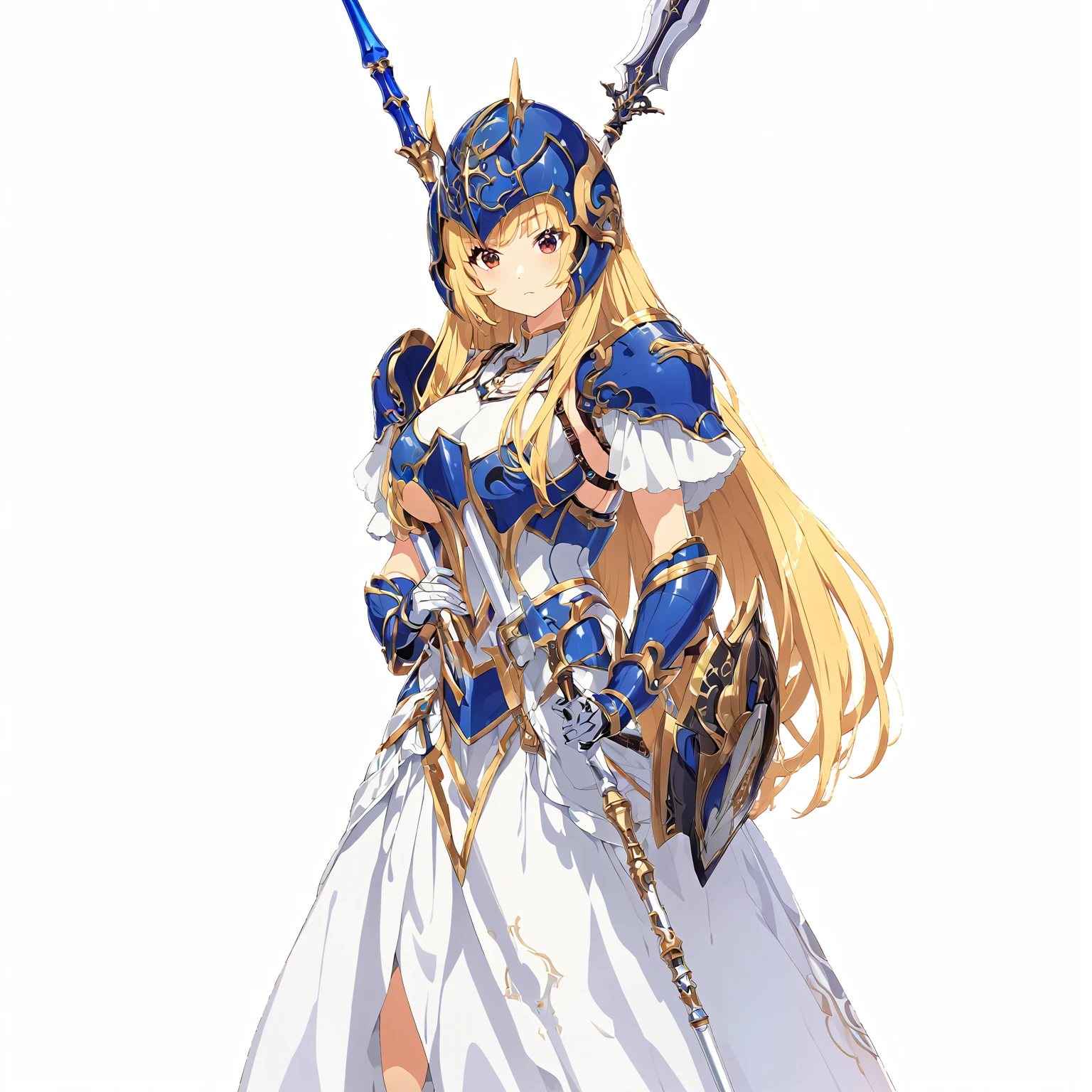 high quality, high resolution, high qualityのゲームアートスタイル, whole body,Valkyrie,perfect hand,Official Art, Smooth game CG art, Visual Novel Sprites, White background,Smooth game CG art, (((Woman with a long spear))),A woman wearing a white dress and blue armor, An intricately designed helmet with white feathers,Small shield, (((In his right hand he holds an elaborate long spear))),Exquisite blue armor,Golden Hair, long hair, female knight, Rin々Shii,Large Bust,20-year-old,