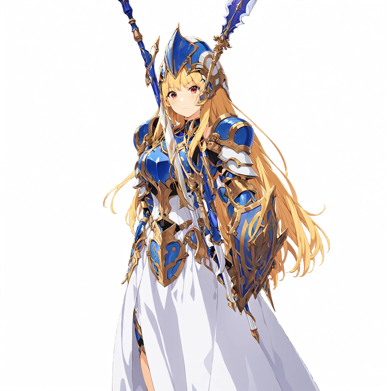 high quality, high resolution, high qualityのゲームアートスタイル, whole body,Valkyrie,perfect hand,Official Art, Smooth game CG art, Visual Novel Sprites, White background,Smooth game CG art, (((Woman with a long spear))),A woman wearing a white dress and blue armor, An intricately designed helmet with white feathers,Small shield, (((In his right hand he holds an elaborate long spear))),Exquisite blue armor,Golden Hair, long hair, female knight, Rin々Shii,Large Bust,20-year-old,