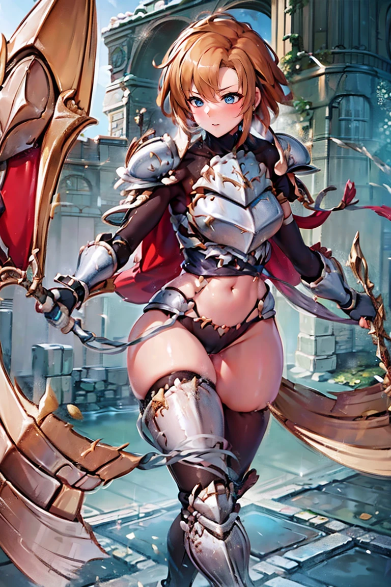 jewelry, bodysuit, fingerless gloves, knight, highleg, skin tight, navel tight, vambraces, arm guards,faulds,greaves, 1girl,solo,　gauntlets, armored boots, breastplate, pauldrons, shoulder armor, big armors, thighhighs, dare thighs, short hair, pink hair, blue eyes, adult, adult face, fearless face, curvy,  perfect proportion, perfect anatomy, perfect body, armored dress knight, plate armor knight, silver knight armor, 