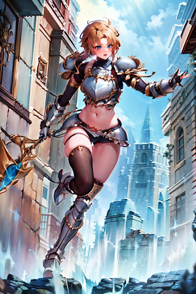 jewelry, bodysuit, fingerless gloves, knight, highleg, skin tight, navel tight, vambraces, arm guards,faulds,greaves, 1girl,solo,　gauntlets, armored boots, breastplate, pauldrons, shoulder armor, big armors, thighhighs, dare thighs, short hair, pink hair, blue eyes, adult, adult face, fearless face, curvy,  perfect proportion, perfect anatomy, perfect body, armored dress knight, plate armor knight, silver knight armor, 