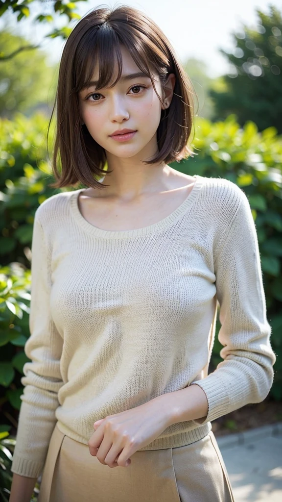 (Raw photo, Best Quality), (Realistic, Photorealsitic:1.3), masutepiece, Extremely delicate and beautiful, Soft light, (Brown hair, Short hair swaying in the wind, bangs), Beautiful detailed girl, (Detailed fingers), extremely detailed eye and face, beautiful detailed nose, Beautiful detailed eyes, 1 girl, Japanese, Neat and clean beauty, Cute, young, Smile, Sweaters, Skirt, (Half body:1.3), (medium breasts), Realistic face, Realistic body, Outdoors