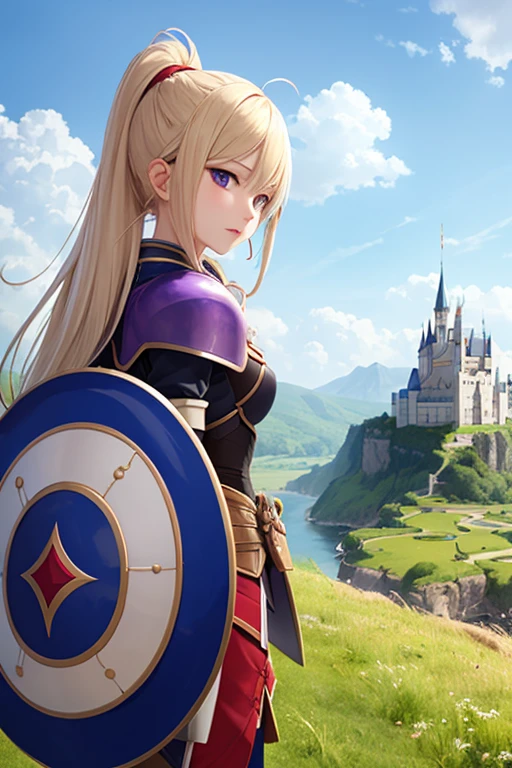 anime girl in violet armor with a sword and shield who is 20 years old in a nedieval landscape with the shield raised and a castle in the distance and a dragon breathing fire