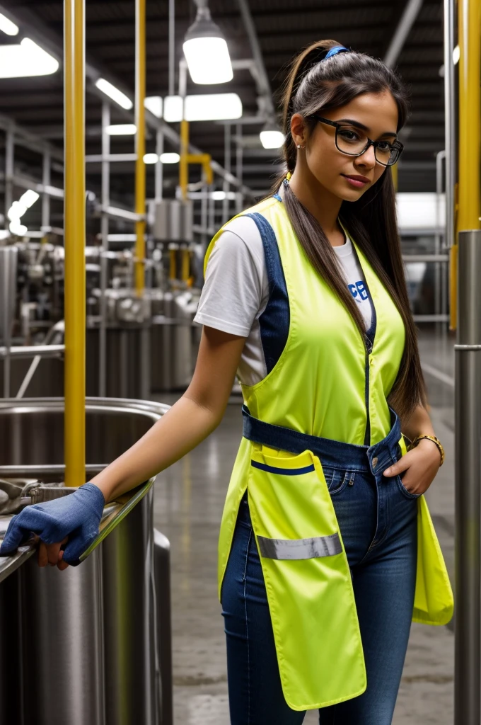 Sexy latina girl , with nerdy glasses ,con jeans ,long straight hair in a ponytail , with jeans and yellow vest and safety helmet in dairy factory