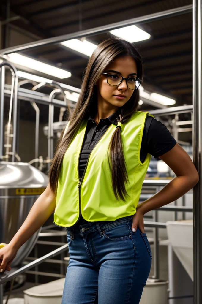 Sexy latina girl , with nerdy glasses ,con jeans ,long straight hair in a ponytail , with jeans and yellow vest and safety helmet in dairy factory 