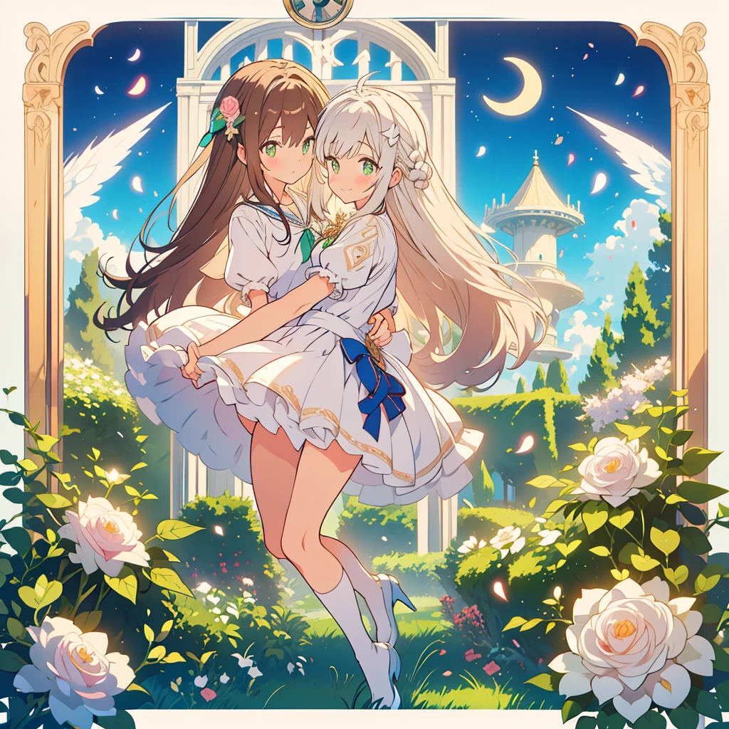 kawaii, anime, Cute, hyper quality, highly detailed, 8k, Front facing, Clarity, brown long hair, green eyes, smile, white rose, Set in Alice's Wonderland, planted white roses, white rose petals are dancing, Draw facial expressions in detail, striped overknee socks, Alice's maid costume with big ribbon, mark with sue, playing cards, clock, fairy tale, fantasy, shine of light, highlight on eyes, wink, My body dances, Gradation of bright sky and evening and night sky, full moon and crescent moon, whole body, Twisted trees of different sizes, twisted ivy, rabbit, white roses bloom, white rose petals, small angel wings on the back, The only character is a girl, The sky dyed in twilight, rising ground, ribbon headband, undulating rose thorns, 	