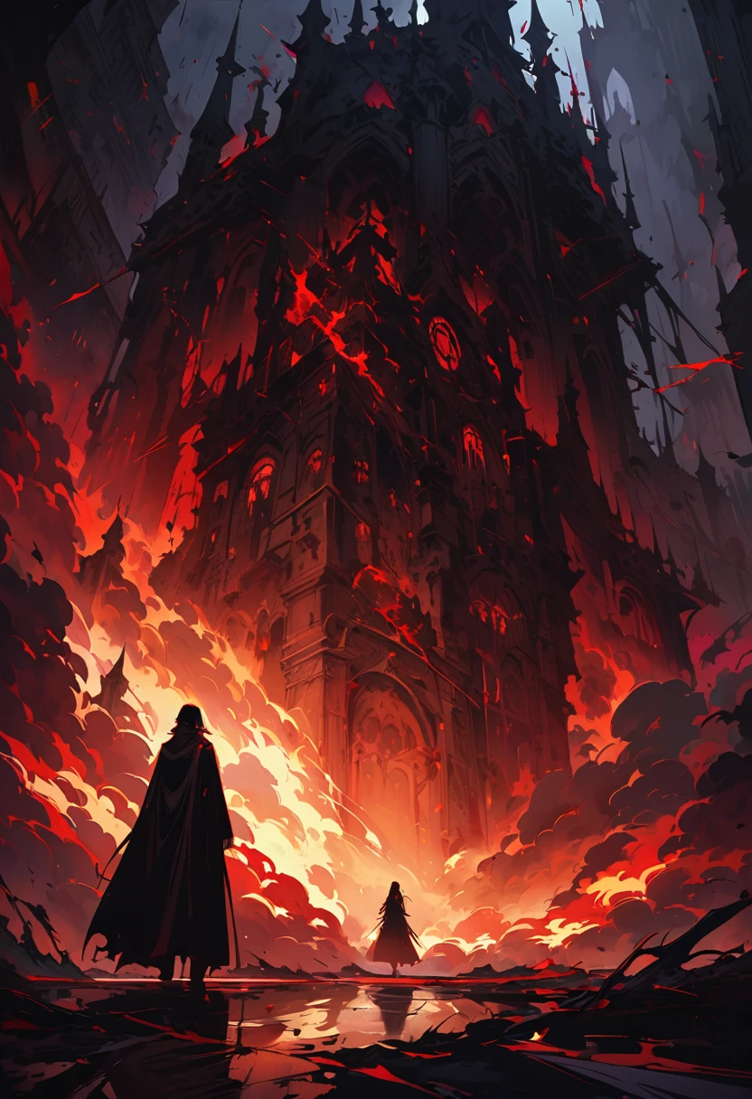 Dark and mysterious,night,Blood Rain,Gothic anime wizard, Mysterious Man,Let me show you the God of Slaughter!哥特式非同寻常的Artistic masterpiece,heavily clouded,unforgettably beautiful,Ethereal moonshine,Eerie Shadows,Strong contrast,Creepy,Artistic masterpiece,Detailed texture,dark palette,Disturbing atmosphere,Impressive artistry,Fine details,Gothic architecture,Dramatic Lighting,Os tons vibrantes de vermelho,an ominous,Strange symbols,Surreal elements