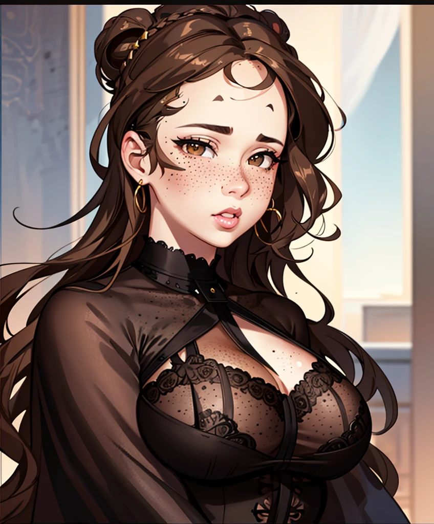 Beautiful thick mulatto woman, dressed as a nightgown model, voluptuous, (highly detailed face:1.5), large_breast, ample hips, insanely detailed accentuated big booty, greatly feminine proportioned, great aesthetics, ((highly detailed skin1:.2)), (freckles:1.2), (blemishes:1.0), (((brown hair))), 8k uhd, dslr, soft lighting, highest quality, film grain