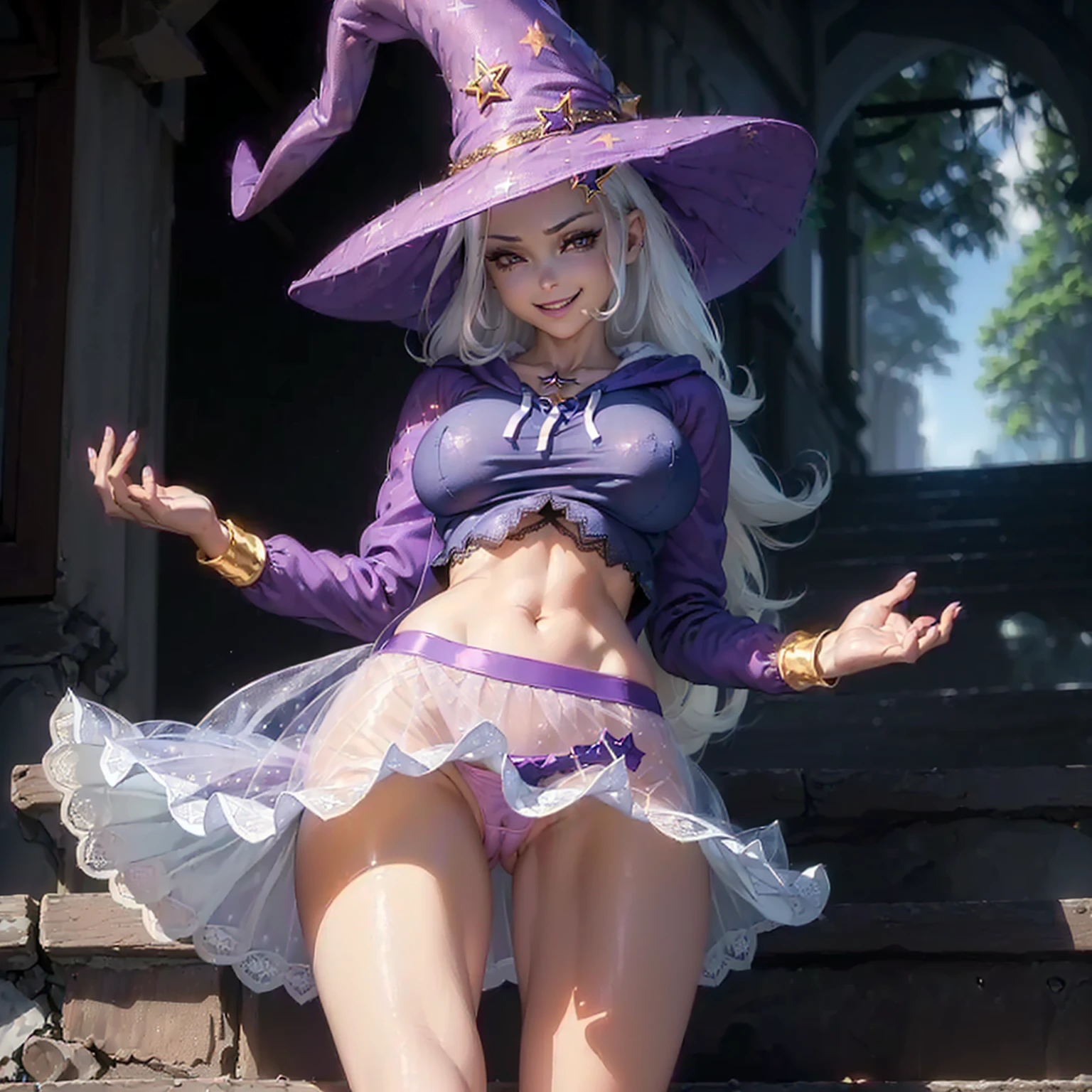 (((beautiful female body))),(((trixie as a sweet charming hot seductive horny model))) ,(((white and blue very long hair))),(((magical world in background))),(((sit on steps lift her see through lace skirt with hands wide spread legs)))), (((magic sparks))),(((lewd and erotic posing))), (((((happy wicked smirk))))) ,(((wear light purple sheer lace transparent see through very short hoodie))) , (((((upskirt view))))) , (((((no pantie vagina is visible))))),(((star hair ornament))),(((witch hat))),breasts are visible ,golden bracelets , (((perfect breasts))) , lush breasts , Bulky Breasts , voluminous breasts ,(((peeping the viewer))),(((bare belly))),(((side close upskirt view))),(((full body is visible)))