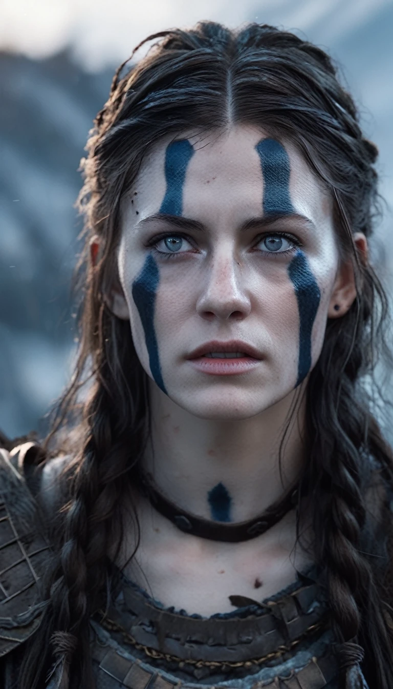 cinematic photo Close-up of ((ohwx woman)) in Hellblade: Senua's Sacrifice, emerging from black mud, long hair with dreads, war blue paint, paint fading, angry expression, dirty face, finely detailed eyes, moody, viking clothes, epic scene, epic composition, Photography, Cinematic Lighting, Volumetric Lighting, ethereal light, intricate details, extremely detailed volumetric rays . 35mm photograph, film, bokeh, professional, 4k, highly detailed