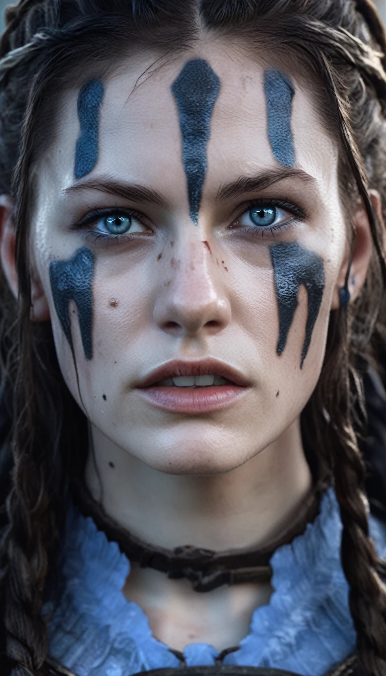 cinematic photo Close-up of ((ohwx woman)) in Hellblade: Senua's Sacrifice, emerging from black mud, long hair with dreads, war blue paint, paint fading, angry expression, dirty face, finely detailed eyes, moody, viking clothes, epic scene, epic composition, Photography, Cinematic Lighting, Volumetric Lighting, ethereal light, intricate details, extremely detailed volumetric rays  . 35mm photograph, film, bokeh, professional, 4k, highly detailed