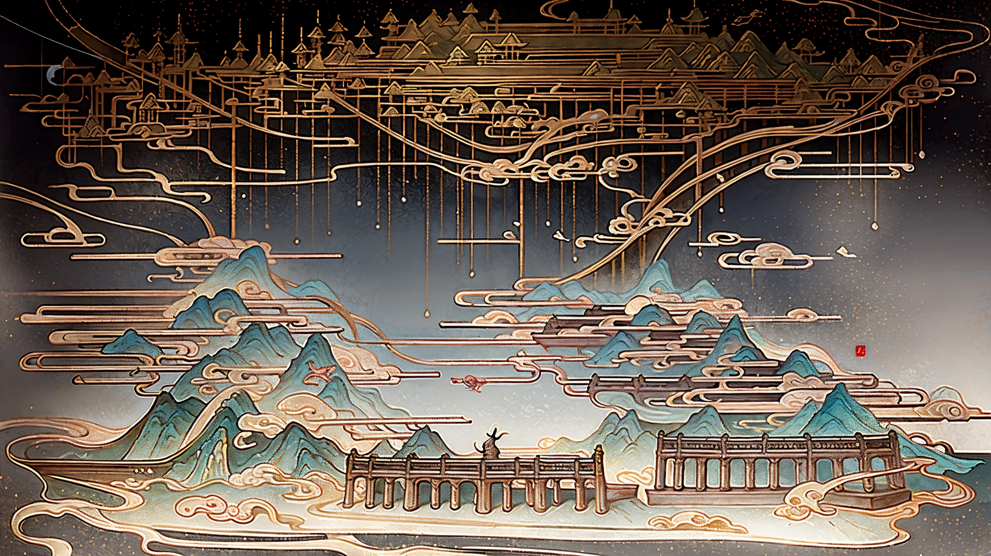 ancient chinese painting, Ancient Chinese Background, mountain, river, auspicious clouds, Chinese Palace, sunrays, master-piece, Super detailed, Epic composition, Ultra HD, High Quality, Very detail, official art, All-in-one 8k wallpaper, Super detailed, 32k -- v 6