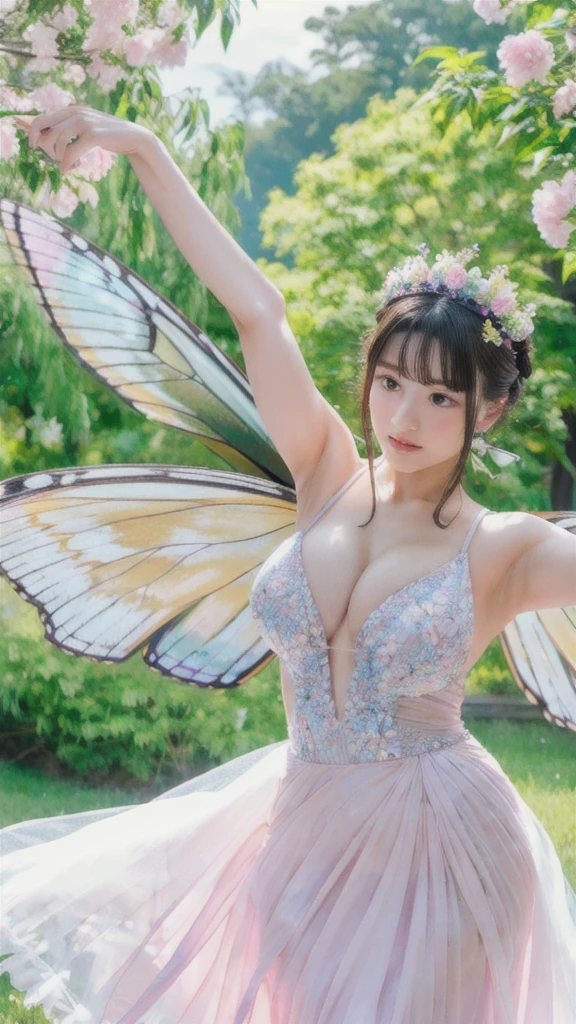 ((best quality)),((masterpiece)),(detailed),portrait of a flower fairy with butterfly wings gracefully dancing amid a vibrant sea of blossoms,ethereal and enchanting,gown made of delicate petals and leaves,butterfly wings with iridescent patterns,floral crown with vibrant blossoms,[Fantasy Art],(soft ethereal glow:1.2),(enchanted floral meadow backdrop:1.1),(4k resolution),(timeless fairy presence:1.1),Super huge breasts，Cleavage