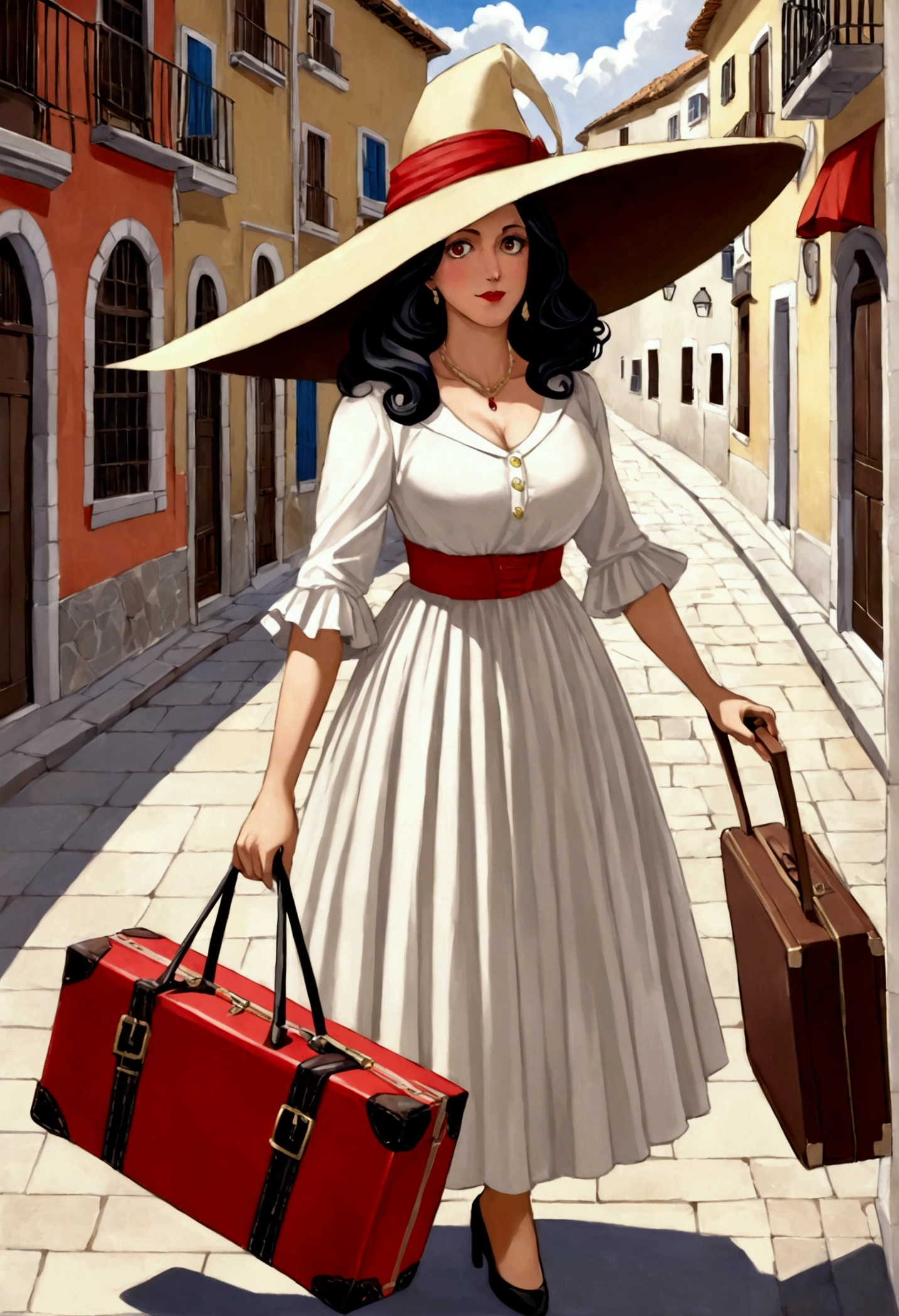 Una bruja albina de cabello blanco y largo with los ojos rojos , with, about 30 years old, a fitted dress and a very large hat, volando en su escoba a plena luz del día with una maleta en su escoba de la cual caen cosas