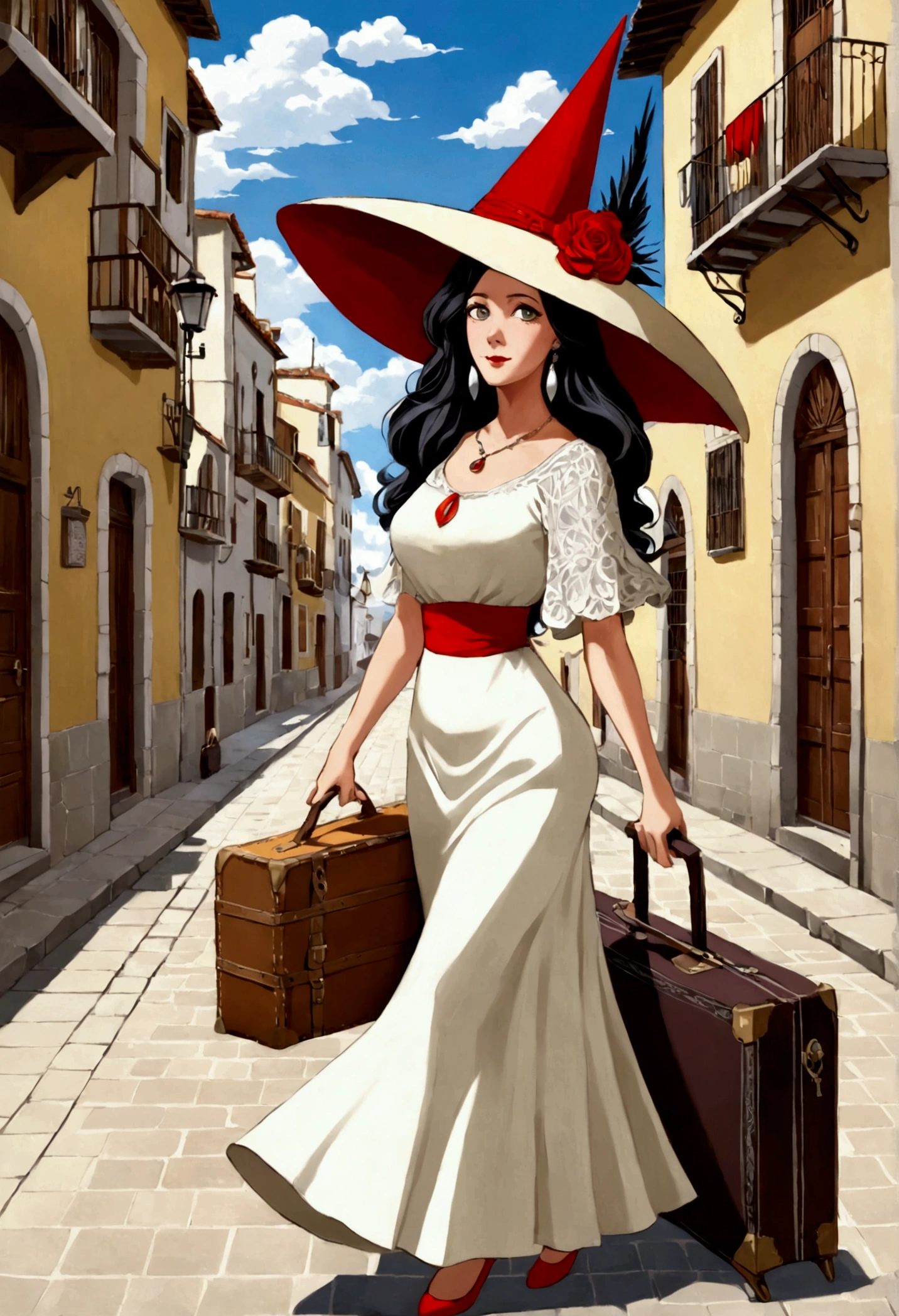 Una bruja albina de cabello blanco y largo with los ojos rojos , with, about 30 years old, a fitted dress and a very large hat, volando en su escoba a plena luz del día with una maleta en su escoba de la cual caen cosas