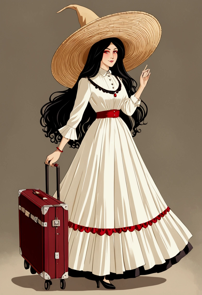 Una bruja albina de cabello blanco y largo with los ojos rojos , with, about 30 years old, a fitted dress and a very large hat, volando en su escoba a plena luz del día with una maleta en su escoba de la cual caen cosas