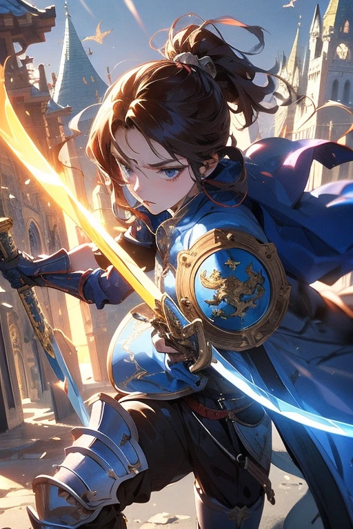 anime girl in golden armor with a sword and shield who is 20 years old in a medieval landscape with the shield raised and a castle in the distance