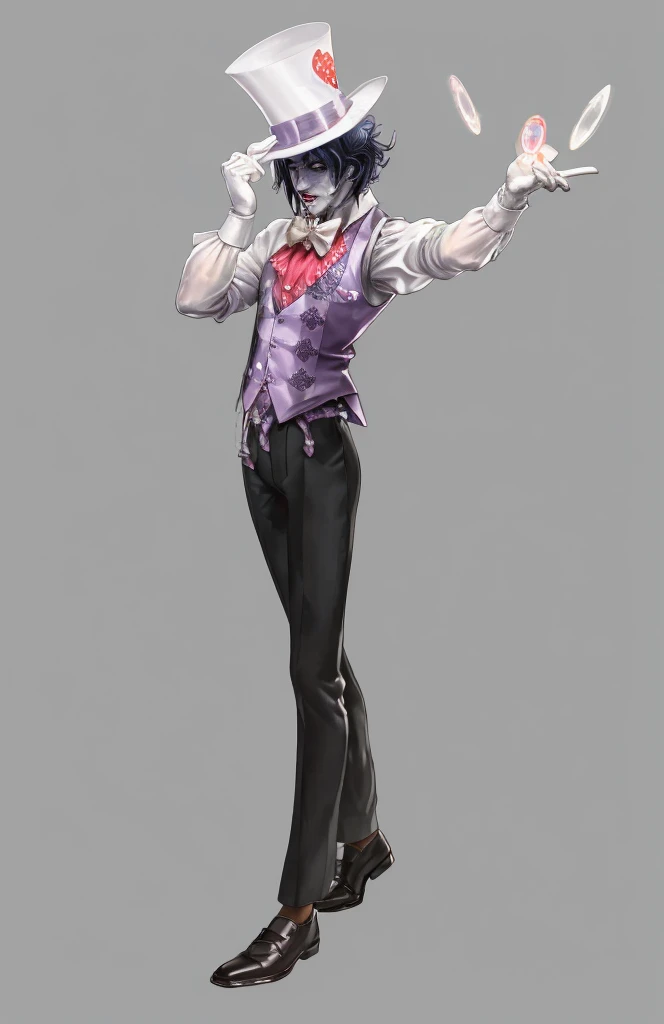Official Art, masterpiece, Clear focus, Extremely detailed, (Side Light:1.2), clown,Suit,crazy,male,whole body,mystery,magician帽,Suit外套,Vest,leather shoes,wear gloves,magician,weird,
