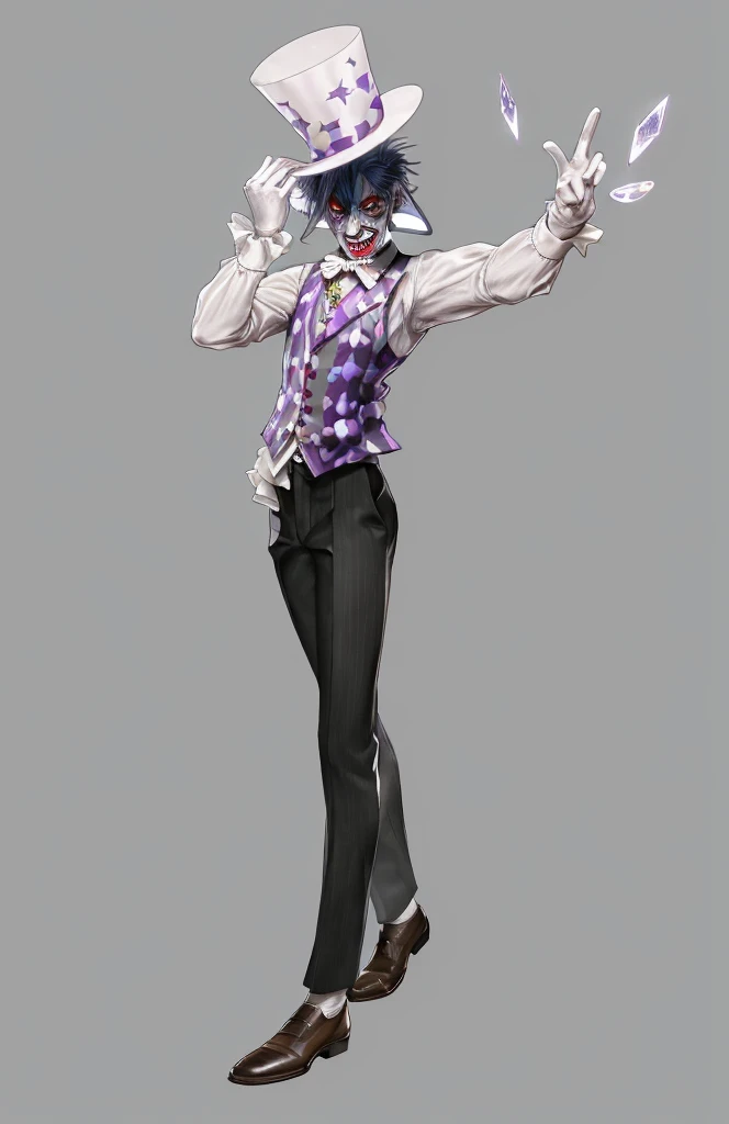 Official Art, masterpiece, Clear focus, Extremely detailed, (Side Light:1.2), clown,Suit,crazy,male,whole body,mystery,magician帽,Suit外套,Vest,leather shoes,wear gloves,magician,weird,