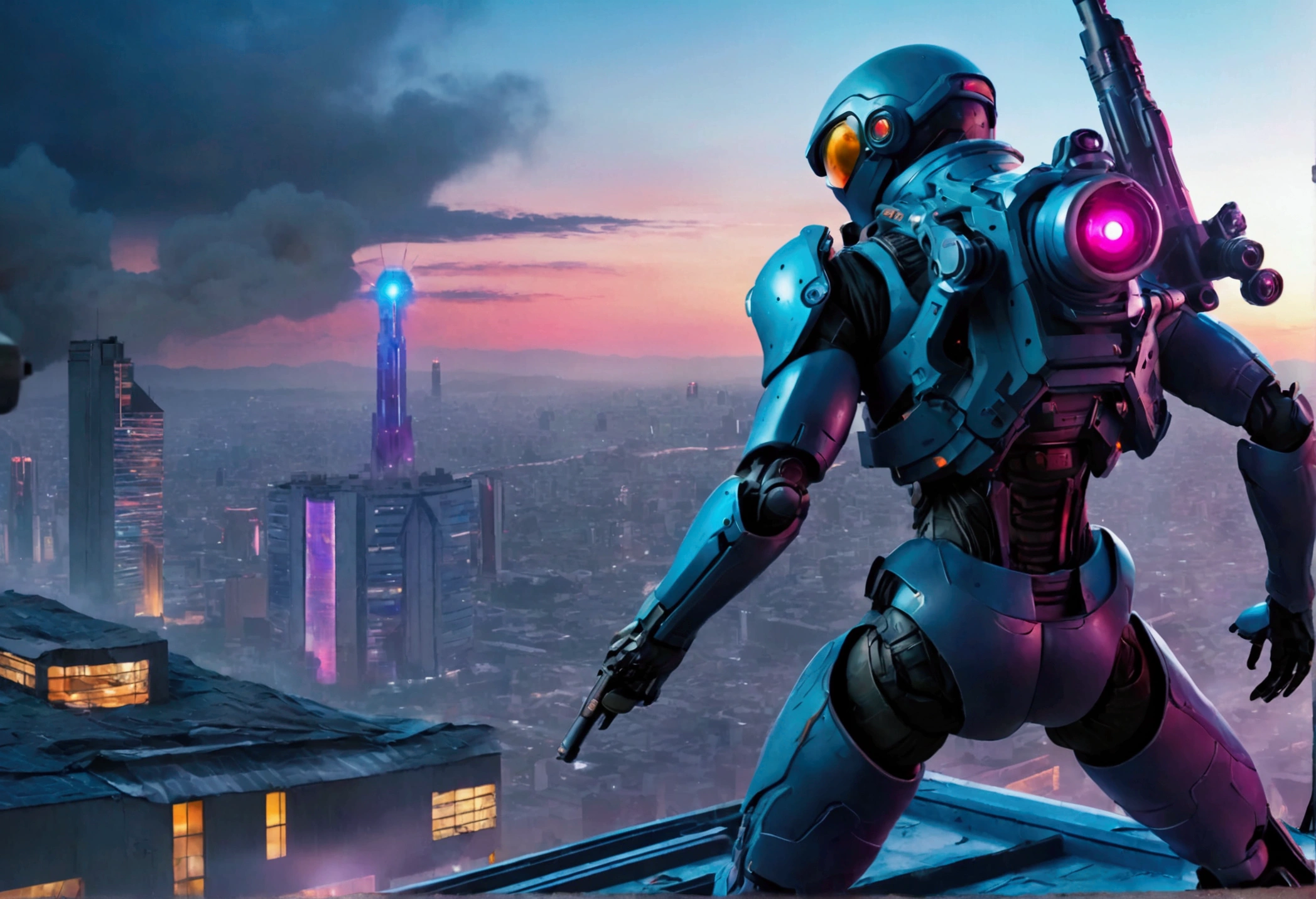A sniper in Hi-tech combat suit aiming a huge laser sniper rifle on the roof of a damaged office, aiming at an evil alien mecha, twilight in neo tokyo
