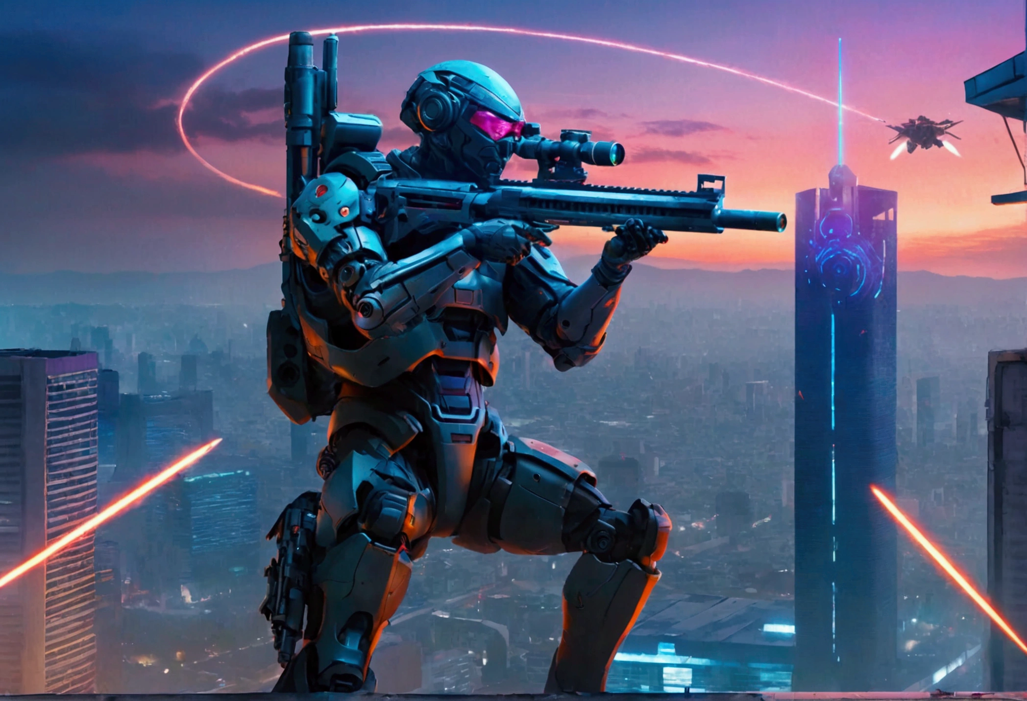 A sniper in Hi-tech combat suit aiming a huge laser sniper rifle on the roof of a damaged office, aiming at an evil alien mecha, twilight in neo tokyo