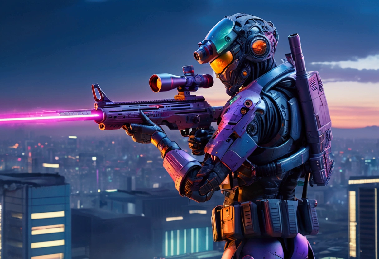 A sniper in Hi-tech combat suit aiming a huge laser sniper rifle on the roof of a damaged office, aiming at an evil alien mecha, twilight in neo tokyo