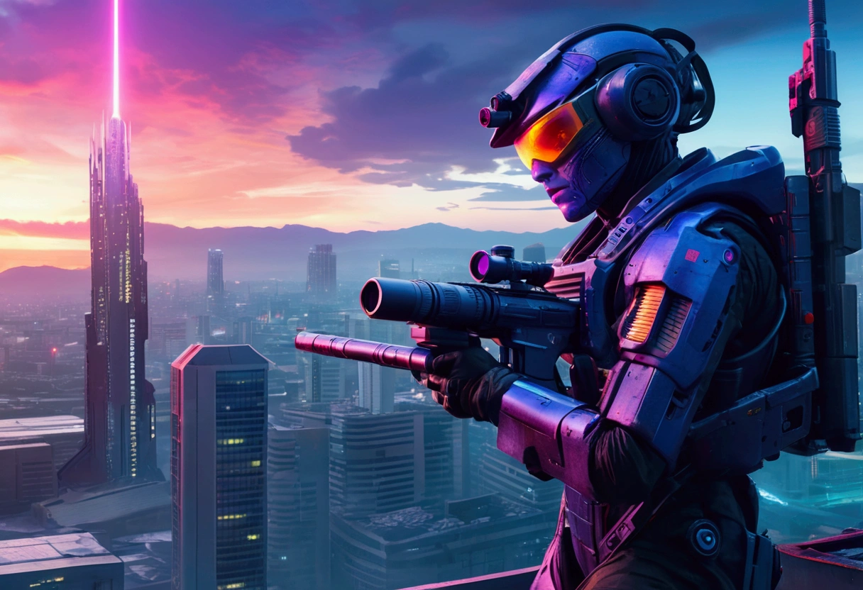 A sniper in Hi-tech combat suit aiming a huge laser sniper rifle on the roof of a damaged office, aiming at an evil alien mecha, twilight in neo tokyo