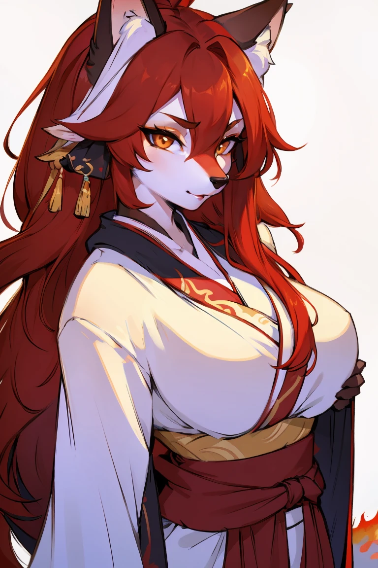 (Hanfu:1.5),best quality,Astonishing,masterpiece,Beautifully,Extremely detailed,Ultra-high resolution,Intricate details,Exquisite and detailed,Meticulous attention to detail,8k resolution,Red Eyes,hairy,Wolf女,Big watery eyes, Wearing red clothes, Fine hair, Chinese Beauty, Wearing Chinese clothing, Flowing tulle, (Light Silk:1.2),(Clean background), Wolf_girl,Beautiful figure,Height 193 cm,Fire Spirit Portrait, Long flowing red hair,close_up, Fluffy_fur,Long eyelashes,Flowing Chiffon,Well-proportioned body,Perfectly detailed facial features,(perfect detailed eyes:1.5),
