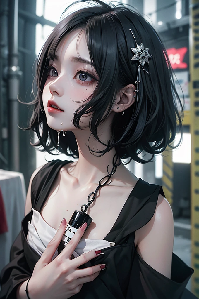 Highest quality, masterpiece, look up, cute,(Horror),(((Beautiful girl))),(Sexy),(sexy),((Small breasts)),Baby Face,(((Blowjob,ejaculation))),Black Hair,Bobcut,Beautiful Style,((Pale skin)),Sensual look,Embarrassed,Sexy表情,Heavy makeup,Expressions of delight,(Dark atmosphere),(Dark atmosphere,fear),((Dim lighting)),Alley